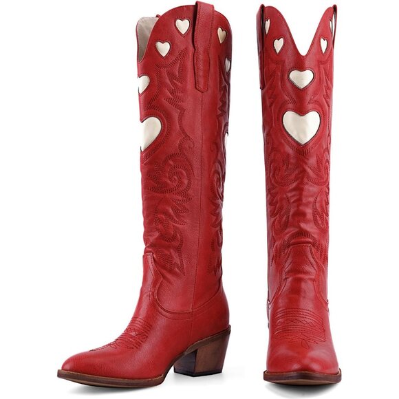 Shoes - Women's Red Wide Calf Round Toe Chunky Stacked Heel Knee High Cowgirl Boot